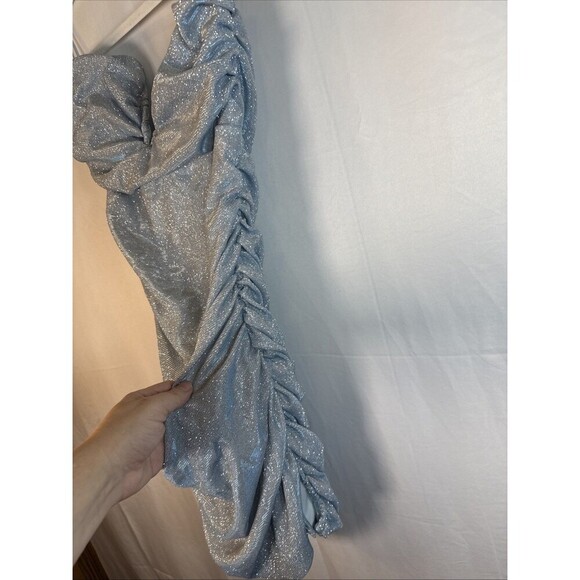 Fashion Nova Strapless Blue Silver Ruched Dress Size Large Preowned - Picture 4 of 11